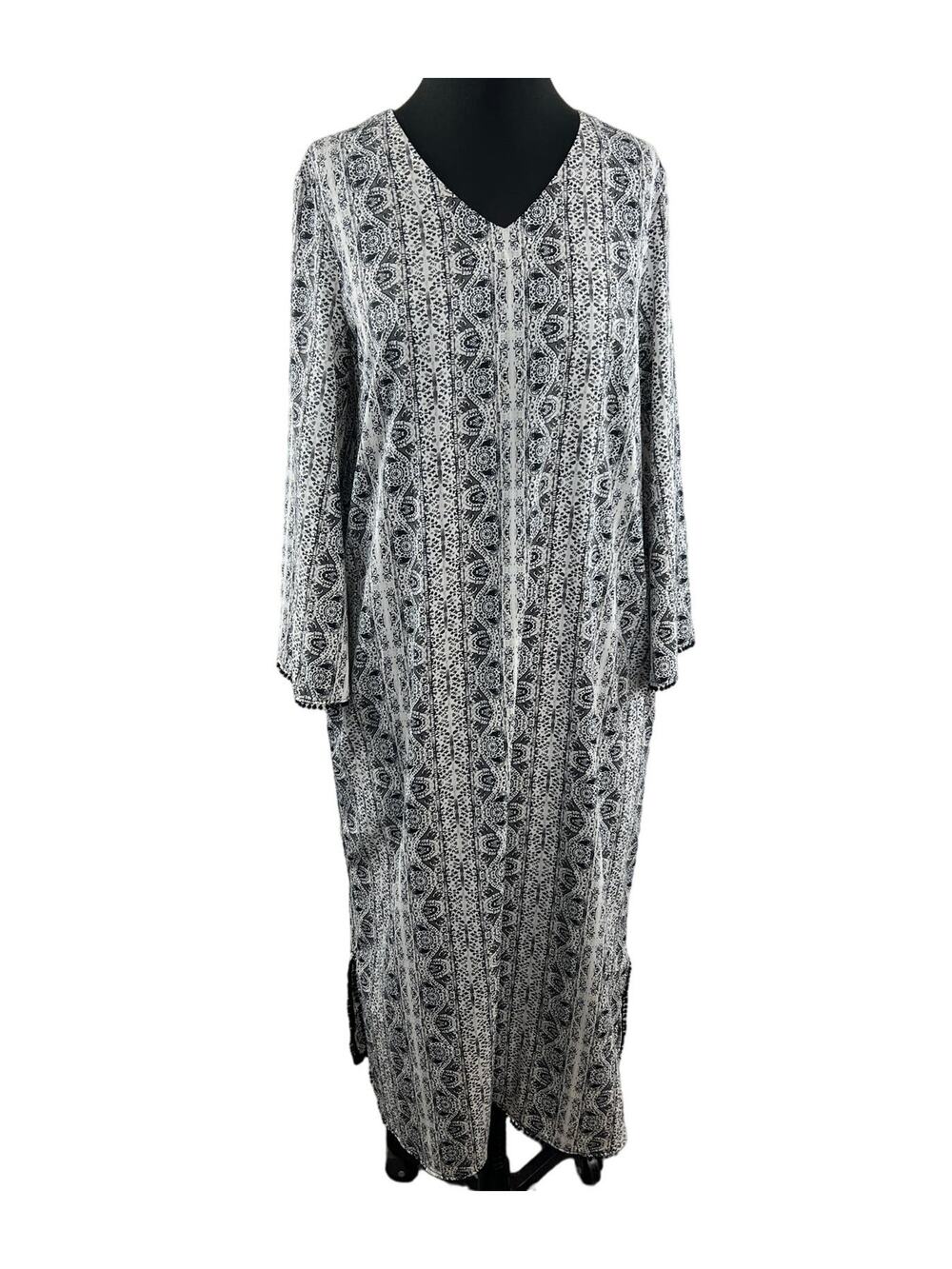 Coolibar Tanjier UPF 50+ Kaftan White Black Print Long Sleeve V-Neck Size Small